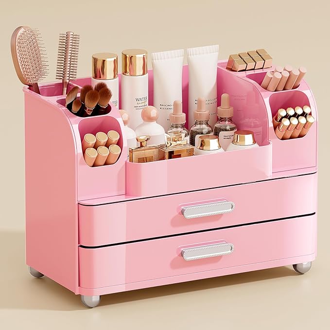 UFORU Makeup Organizer Countertop with 2 Large Drawers for Vanity Bathroom | Brush Holder, Large Capacity, Thickened Plastic, Compact Footprint, Space-Saving Design, Easy Clean, Ideal for Dorm Rooms