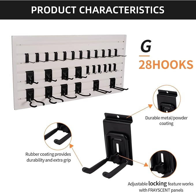 Slat Wall Accessories Garage Hooks Heavy Duty Slatwall Panel Hook Locking Bike Hook for Slat Wall Hooks for Hanging Ladder Storage System Black Accessory for Power Tools Organizer (28 Hook)