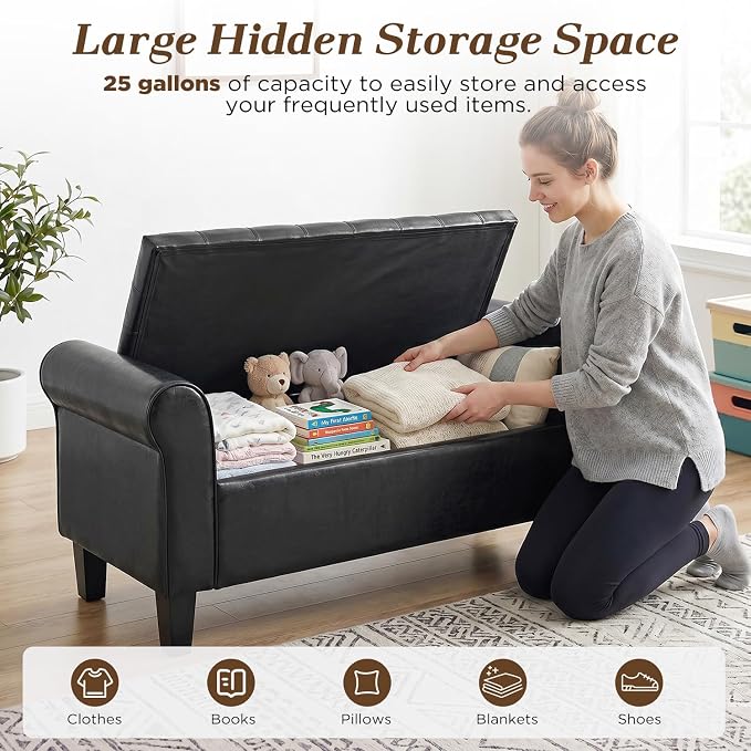 55" Storage Ottoman Bench for Living Room, End of Bed Bench with Rolled Arm Leather Ottoman with Storage Upholstered Entryway Bench Retro Style Footboard Bench for Bedroom, Black
