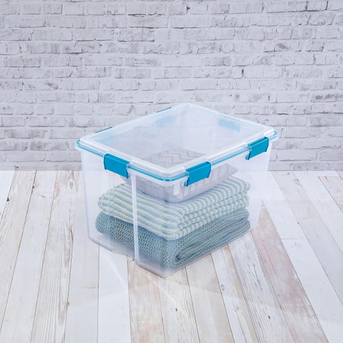 Sterilite 19384304 80 Quart/76 L Gasket Box, Clear Lid & Base with Blue Aquarium Latches & Gasket (4 Pack)