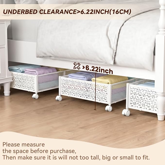 PHINOX Under Bed Storage with Wheels,Patterned,Sturdy Metal,2 Pack,White | Tool-free assembly, glide smoothly, easy reach, foldable, maxmazie low-profile beds, dorm, keep seasonal clothes, shoes fresh