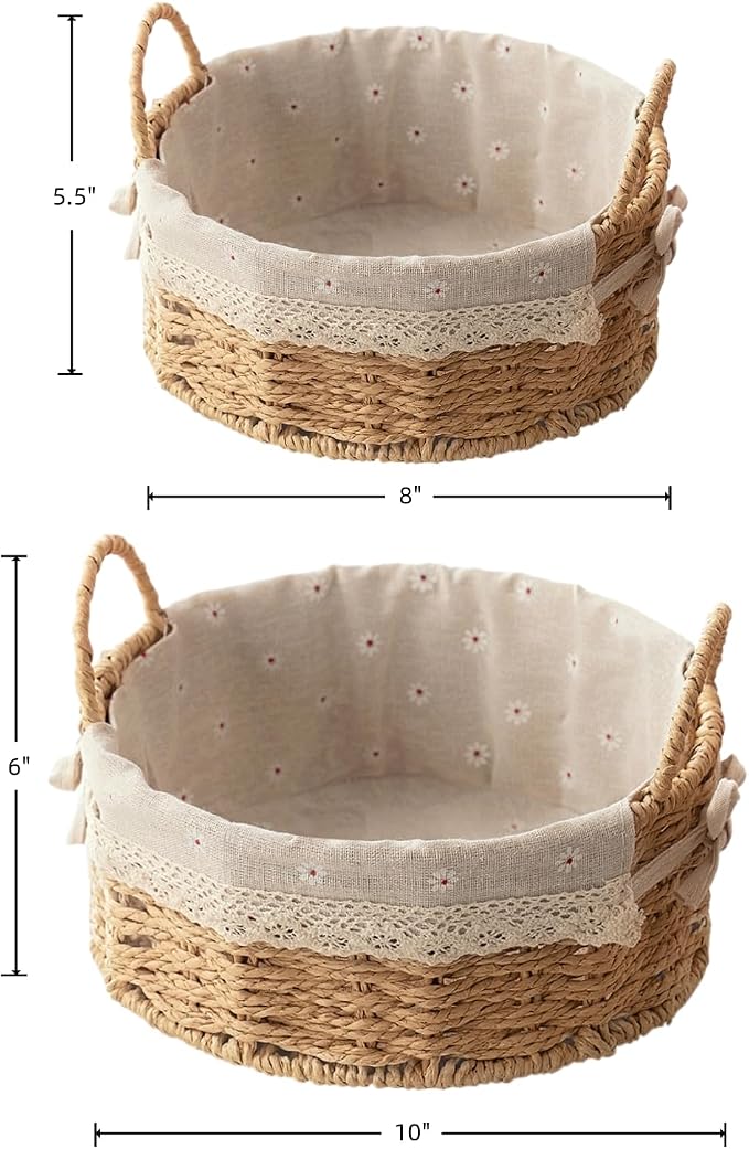 GIB Small Wicker Storage Baskets for Organizing, Round Woven Baskets with Handles & Liners, Decorative Boho Paper Rope Cute Baskets for Gifts, Decor, Pantry Table, Serving Trays, Set of 2