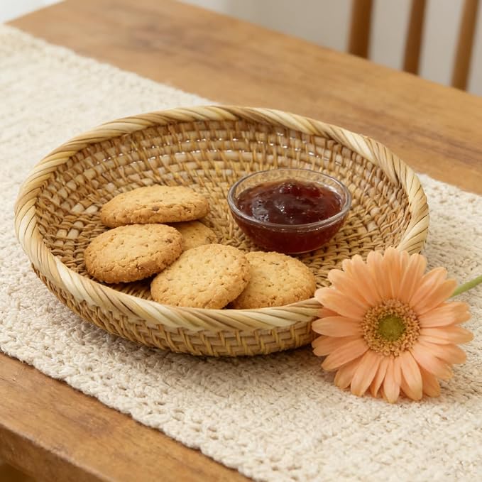 8.7" Round Rattan Basket Small Handwoven Wicker Tray | Small Decorative Bowl for Entryway Table, Natural Wicker Tray for Keys Snacks, Rustic Home Decor for Kitchen Counter Vanity