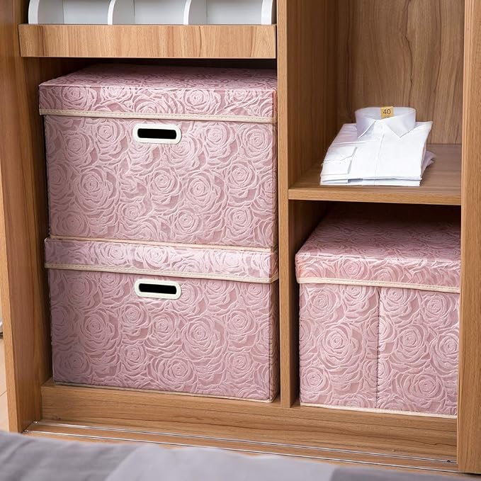 PRANDOM Larger Collapsible Storage Boxes with Lids Fabric Decorative Bins Cubes Organizer Containers Baskets Handles Divider for Bedroom Closet Living Room Pink 17.7x11.8x11.8 Inch 3 Pack