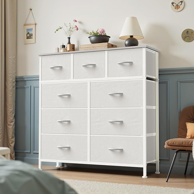 OLIXIS 9 Drawer Dresser for Bedroom, Closet Organizers and Storage, White | Tall Fabric Dresser with Wooden Top, Chest of Drawers for Clothes Storage, Tower Cabinet, Bedroom Furniture, TV Stand