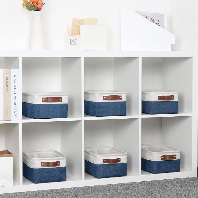 DULLEMELO Set of 6 Small Baskets for Organizing, Small Fabric Storage Bins for Toys Storage, Collapsible Storage Bins with Leather Handles for Shelves, Closets, Laundry, Nursery(White&Blue)