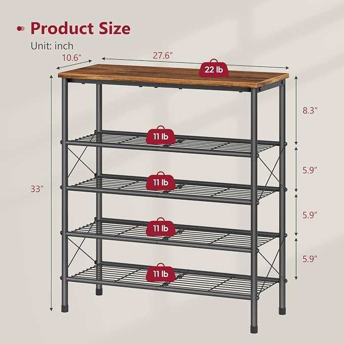 5 Tier Shoe Rack for 16-20 Pairs of Shoes, Rustic Brown & Black | Sturdy & Durable, X Shape Fixed Frame, Metal Mesh Shoe Shelf, Industrial, For Closet, For Entryway Shoe Storage