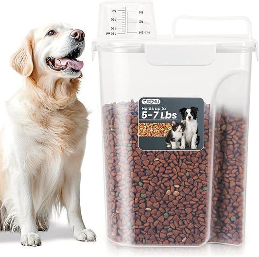 Dog Cat Food Storage Container with Cup (White, 5L) | Pet Food Pourable Container Airtight with Large Spout, BPA-Free Plastic Food Dispenser for Pet Food, Bird Seed, Rice, Flour