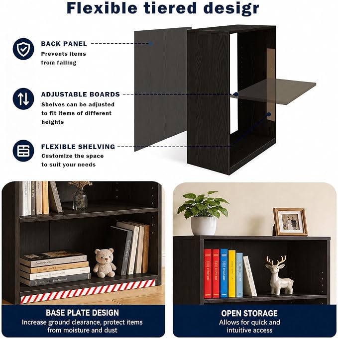 CTESNE【2026 Adjustable Shelves 3-Tier Bookcase, 71 inches, Wooden Open Display Floor Bookshelf (Chocolate Color)