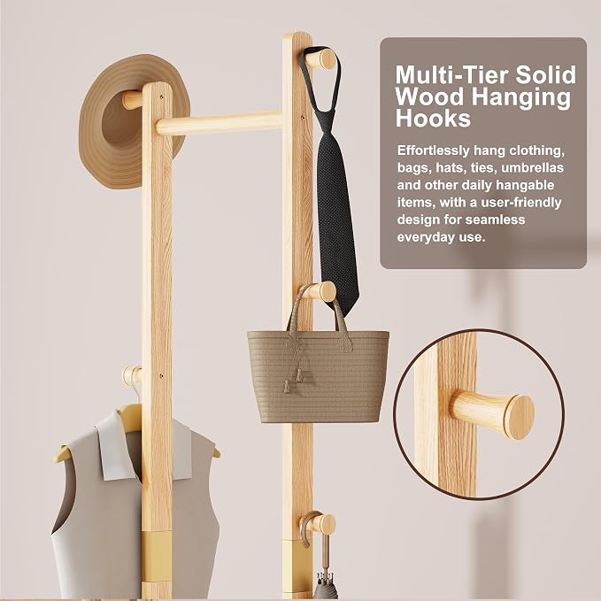 Solid Wood Coat Rack Freestanding, Clothing Rack with 5 Hooks & Bottom Shelf, Heavy Duty Coat Rack Stand for Hanging Clothes, Wood Hall Tree Organizer for Entryway, Bedroom (Natural Wood)