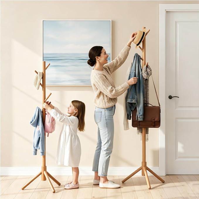 Wooden Coat Rack Freestanding | Coat rack with 8 Hooks & 3 Adjustable Sizes for Clothes, Space-Saving Design for Bedroom Office Entrance Holds Hats Coats