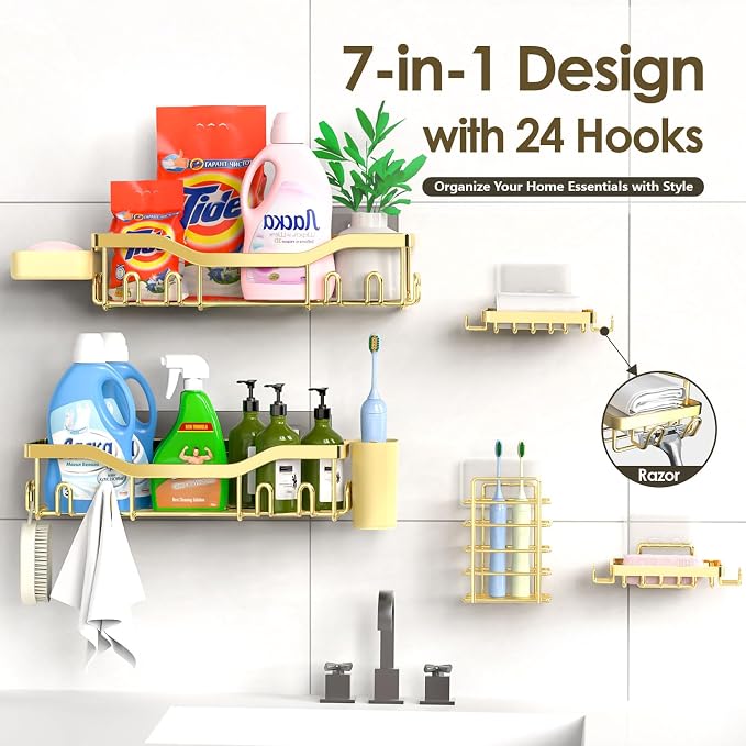 NESOMI Shower Caddy Adhesive Shower Organizer 7-Pack, Rustproof Stainless Steel Bathroom Shelves, Large Capacity No-Drill Rack Storage Accessories with Soap Dish Toothbrush Holder Hooks