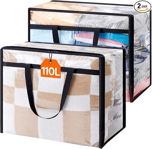 Lifewit 2 Pack Clear Clothes Storage Bags, 110L Plastic Blanket Storage Bag, Vinyl Foldable Moving Bags with Zipper, Closet Organizers and Storage Containers for Bedding, Duvet, Comforter
