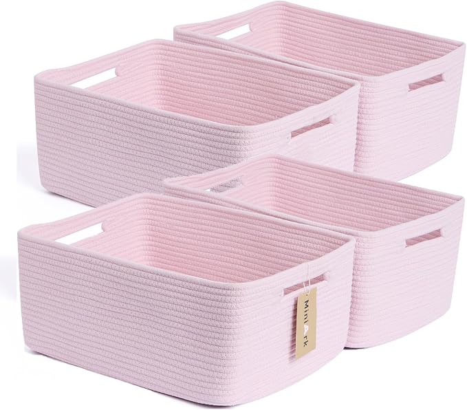 MiniArk Large Storage Baskets for Organizing, 17 x 13 x 7.5” Closet Shelf Baskets for Clothes Blanket Towels, Baby Nursery, Toy Bins Box, Woven Rope Baskets, 4 Packs Light Pink