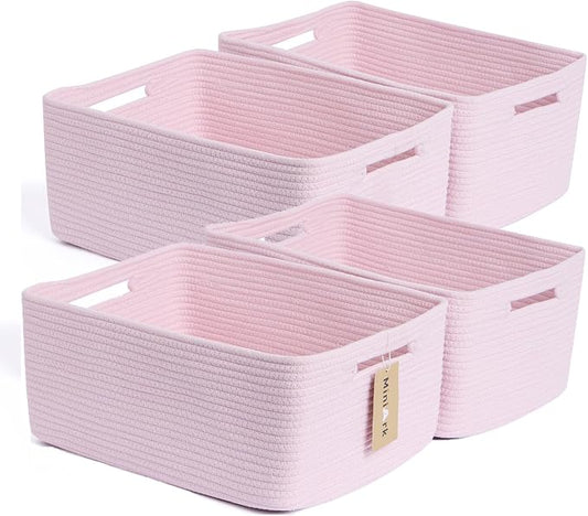 MiniArk Large Storage Baskets for Organizing, 17 x 13 x 7.5” Closet Shelf Baskets for Clothes Blanket Towels, Baby Nursery, Toy Bins Box, Woven Rope Baskets, 4 Packs Light Pink