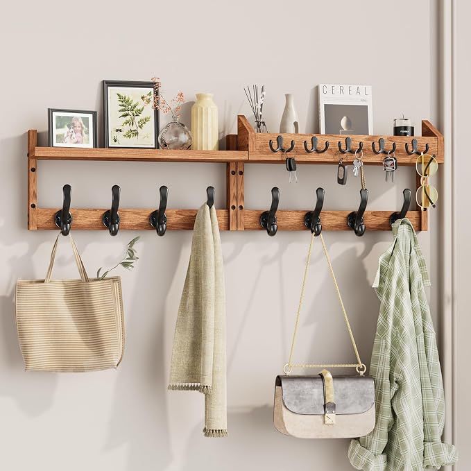 Evermagin 35" Coat Rack Wall Mount with Shelf & 13 Hooks, Entryway, Brown | 4-in-1: coat hooks, key hanger, mail holder & display shelf. Pine wood. For bedroom, hallway, mudroom, livingroom