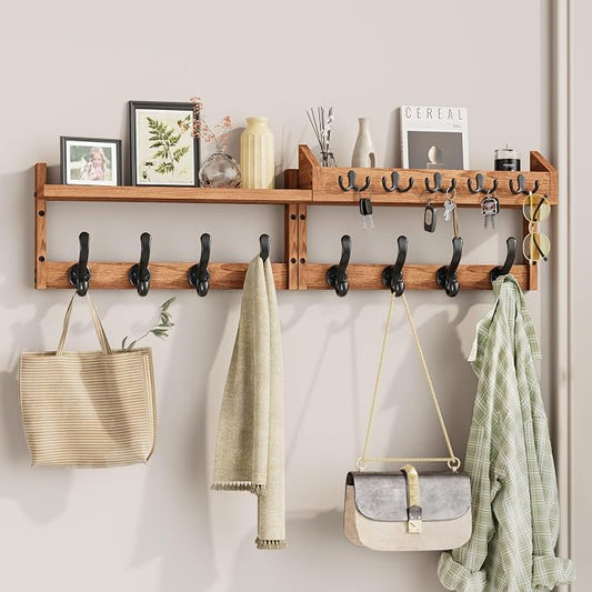 Evermagin 35" Coat Rack Wall Mount with Shelf & 13 Hooks, Entryway, Brown | 4-in-1: coat hooks, key hanger, mail holder & display shelf. Pine wood. For bedroom, hallway, mudroom, livingroom