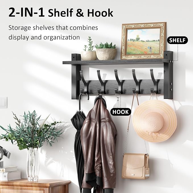 Optish Coat Rack Wall Mount with Shelf, 17.1 Inch Coat Hanger Walls Mounted, Hat Rack for Walls, Shelf with 5 Coat Hooks, Wall Hanger for Entryway (Black)