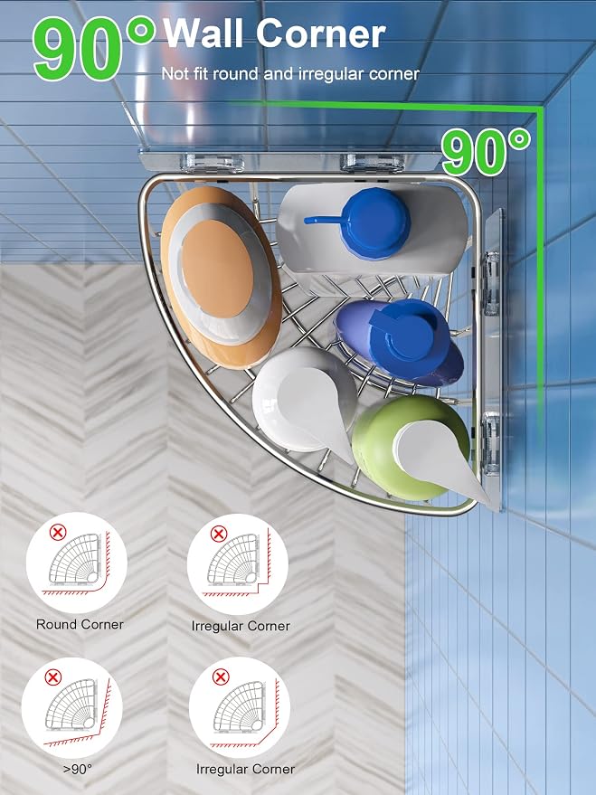SMARTAKE 2-Pack Corner Shower Caddy Deep Basket, SUS304 Stainless Steel | Wall Mounted Bathroom Shelf with Adhesive, Storage Organizer for Toilet, Dorm and Kitchen , Silver