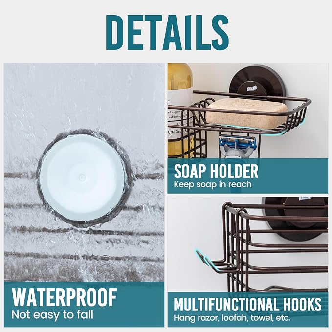TAILI Shower Caddy Suction Cup with Hooks & Soap Holder, Heavy Duty Bathroom Shower Organizer, No Drilling Shelves for Inside Bathroom, Brown Metal Storage Holder