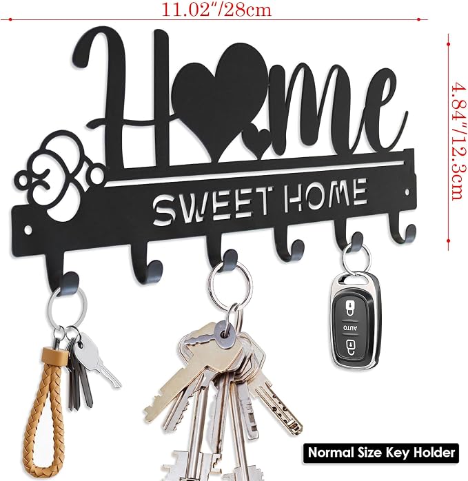 “Home Sweet Home”Key Holder wall Mount(Normal Size:11.02x4.84inches) | Simple Metal Decorative Key Hooks Rack for Entryway Front Door Hallway Garage Office