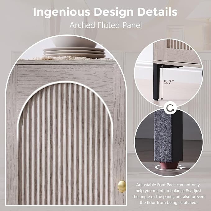 IFGET 92.63"W Modern Arch Sideboard Buffet Cabinet with Storage, Light Grey | Fluted Arched Sideboard Cabinet w/Adjustable Shelves, Wood Modular Kitchen Cabinet for Dining& Living Room, Kitchen, Entryway