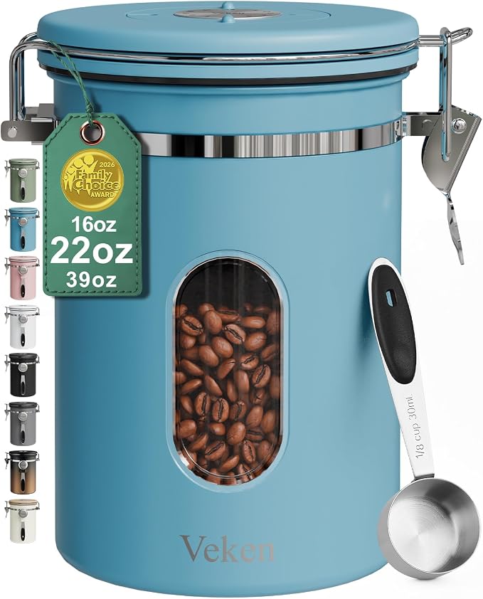 Veken Coffee Canister with Window, Airtight Stainless Steel Container, 22OZ | Date Tracker,Kitchen Food Storage Organizers for Beans, Ground, Espresso, Rice,Tea, Sugar,Cereal, Gifts,Lids,Jars,Scoop, Blue