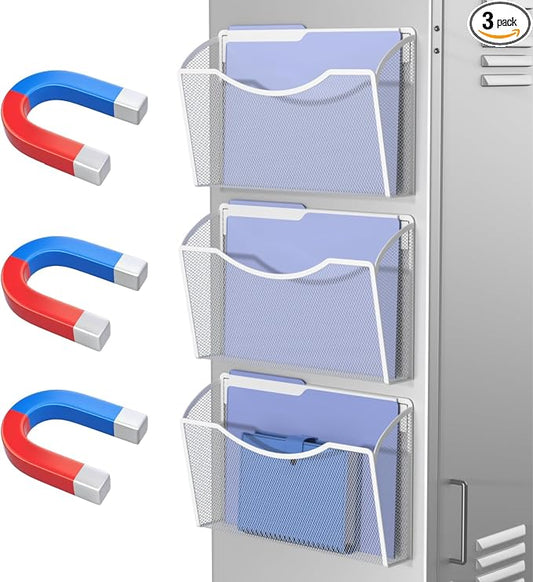 MINDEPOT Magnetic Wall File Organizer, Hanging File Holder, 3 Pack, White | Heavy Duty Iron, Powerful Magnet, Metal Mesh Wall Mount, Single Pocket, for Office School Classroom Home, Letter A4 Size
