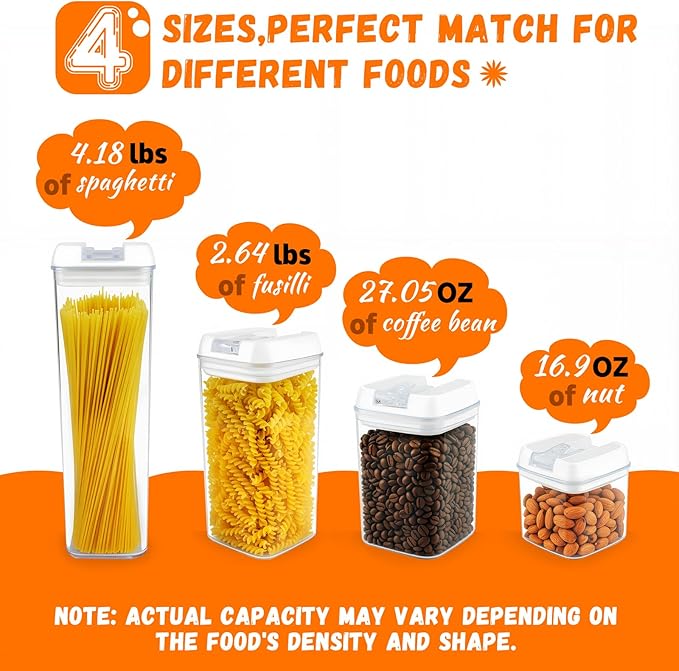 Clear Airtight Food Storage Containers, 7-Piece Set | BPA-free plastic kitchen pantry organization canisters. Stackable design ideal for cereal, spaghetti, and pasta storage.