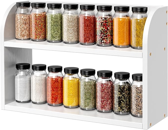 ROMGUAR CRAFT 2 Tier Bamboo Spice Rack, Countertop or Wall Mounting Wood Spice Jars Organizer Shelf for Kitche, Pantry (White)