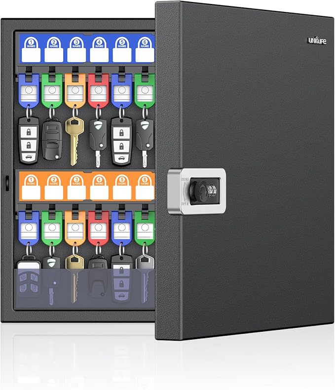 Uniclife 48 Keys Key Lock Box, Wall Mount Key Box, Key Cabinet, Car Key Organizer with Writable Key Racks and Tags, Security Key Holder Storage Box for Office, Hotel & Company