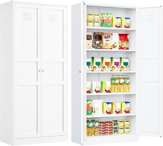 SISESOL 71" Tall Pantry Cabinet with 2 Doors and 5 Shelves,Kitchen Pantry Storage Cabinets,White Metal Storage Cabinet,Wide Deep Food Cupboard for Home,Kitchen,Dining/Living Room