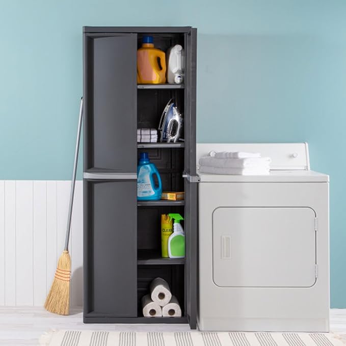Sterilite 4 Shelf Cabinet, Lockable Utility Storage, Gray, 2-Pack | Adjustable Shelves - Plastic Shelving Unit for Organizing Garage, Pantry, Basement, Laundry Room or Mudroom