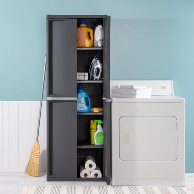 Sterilite Shelf Cabinet,4 Shelves,Flat Gray 01423V01-1 Each | Adjustable Shelves - Plastic Shelving Unit for Organizing Garage, Pantry, Basement, Laundry Room or Mudroom