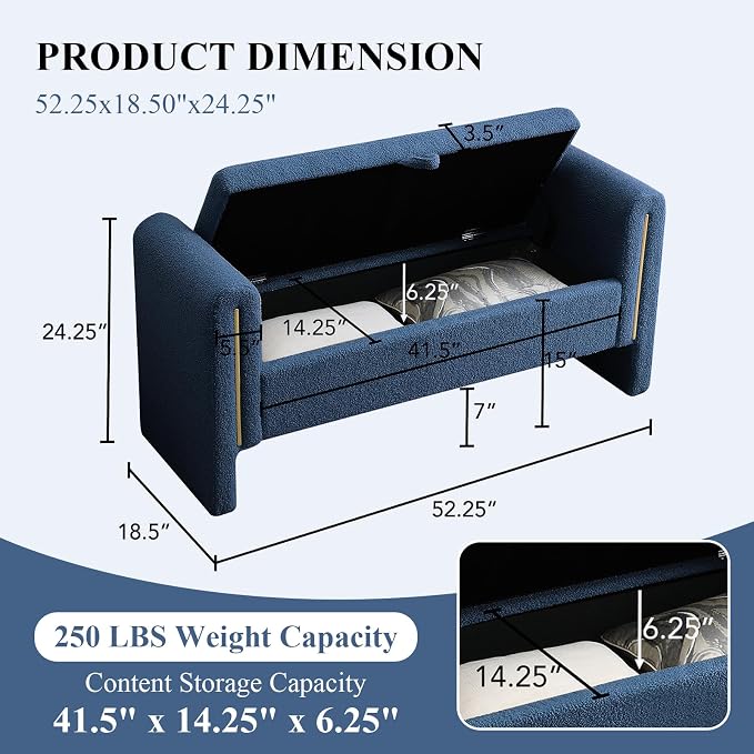 Storage Ottoman Bench, End of Bed Bench with Pull-Ring | 52" Teddy Upholstered, Window Bench with Armrest, Generous Storage, Safety Hinge, Holds 250 LBS, for Bedroom, Navy Blue