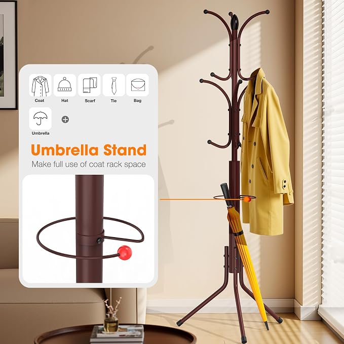 Coat Rack Freestanding,12 Hooks Metal Coat Racks with Umbrella Holder,Sturdy Hall Rree,Easy Assembly Coat Rack Stand for Hanging Scarf,Purse,Hats,Jacket(Brown)