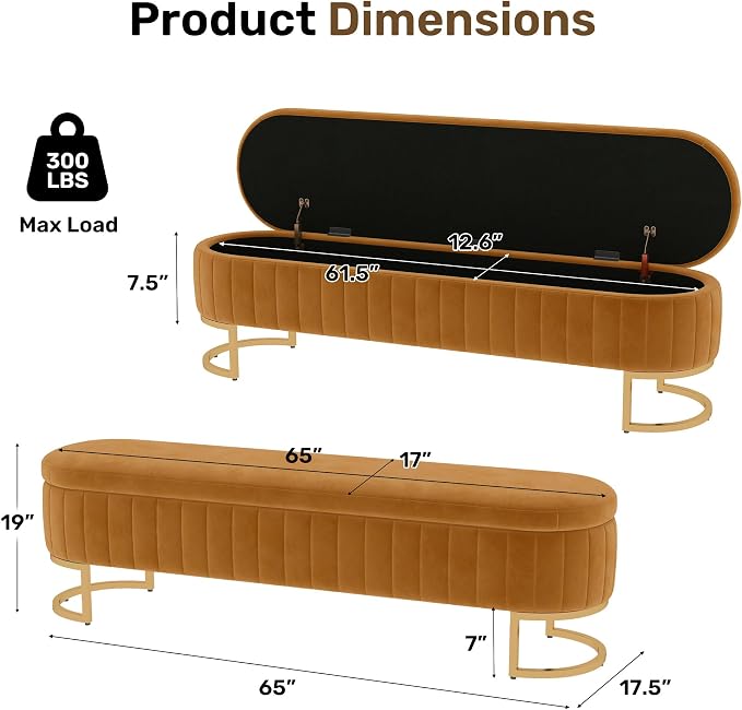 65" Velvet Storage Ottoman Bench End of Bed for Bedroom Entryway Light Brown