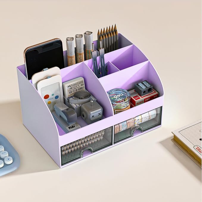 COMFYROOM Desk Organizer with 6 Compartments and 2 Drawers, Plastic Makeup Organizer, Pen Holder for Desktop Storage, Desk Organization for School, Home, Office Supplies (Purple)