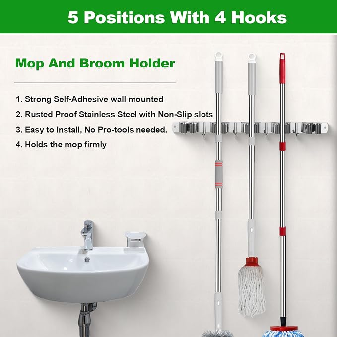 voze [2 Pack] 5 Racks and 4 Hooks Mop and Broom Holder Wall Mount, Self Adhesive Heavy Duty Broom Organizer Storage Tool Racks for Kitchen Garden Laundry Garage, 304 Stainless Steel, Silver