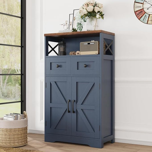 Farmhouse Storage Cabinet with Drawers, Small Kitchen Pantry Cabinet, Blue | Accent Coffee Bar Cabinet Cupboard, 2 Drawers, 2 Barn Doors & Adjustable Shelves, for Kitchen/Entryway/Living Room/Bathroom