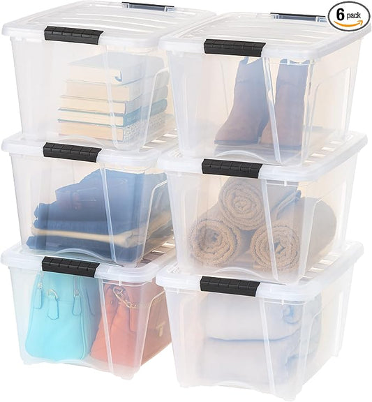 IRIS USA 6-Pack 32 Quart Storage Bins with Lids, Clear | Transparent design makes contents easy to find. Great for linens, décor, closet storage, and supplies. Nestable design saves
