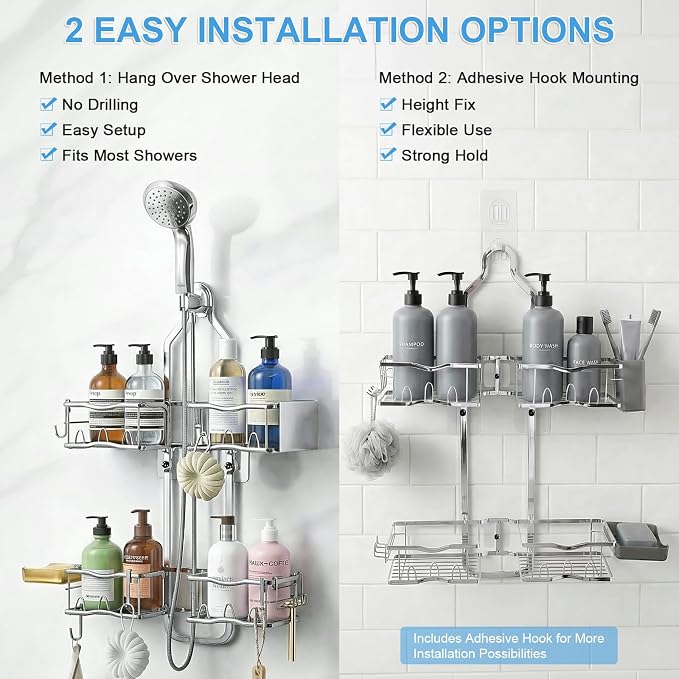 Shower Caddy Hanging Organizer Over Showerhead with Hooks, Silver | Rustproof Hanging Shower Organizer for Handheld Showerheads, Shower Shelves Rack with Razor Soap Holder, Toothbrush Holder