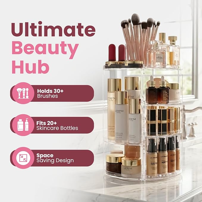 Masirs 360 Rotating Makeup Organizer Countertop, Adjustable Shelf, Clear | 360-Degree Rotating Makeup Organizer, Adjustable Shelf Height, Cosmetic Perfume Skincare Storage, Vanity Countertop, Clear