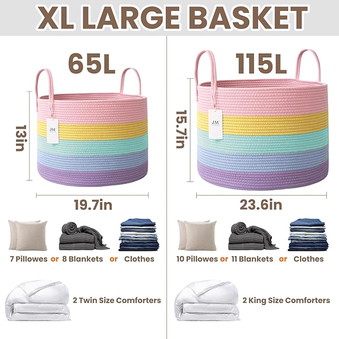 JMvicyroam 115L Extra Large Machine Washable Cotton Rope Blanket Basket | Collapsible laundry hamper, Reinforced handles, For blankets, pillows, toys and clothes, Living room and bedroom, Rainbow