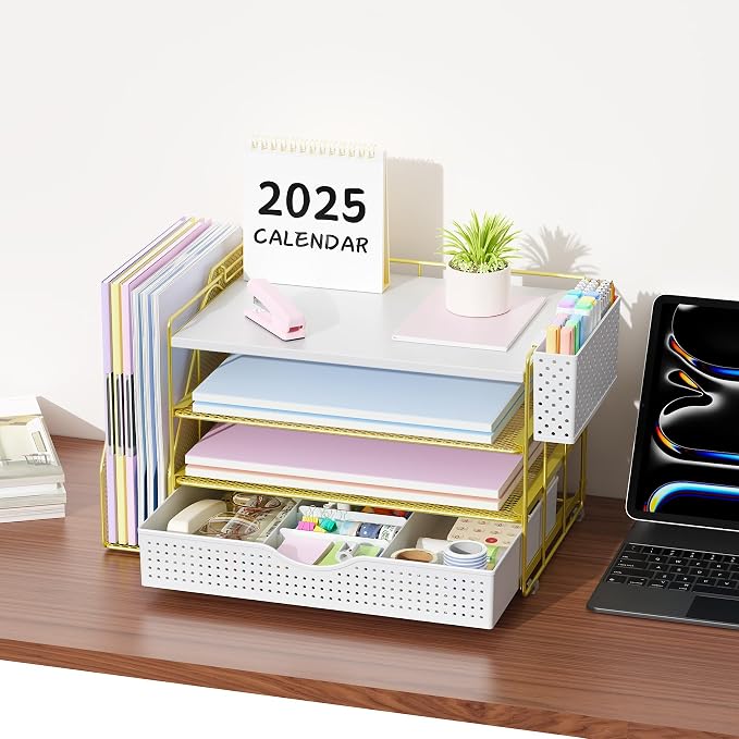 gianotter Wood Desk Organizers and Accessories with File Holder, 4-Tier Desk Accessories & Workspace Organizers with Drawer and Pen Holder, Desk Reference Organizer (Gold, 4T with Drawer)