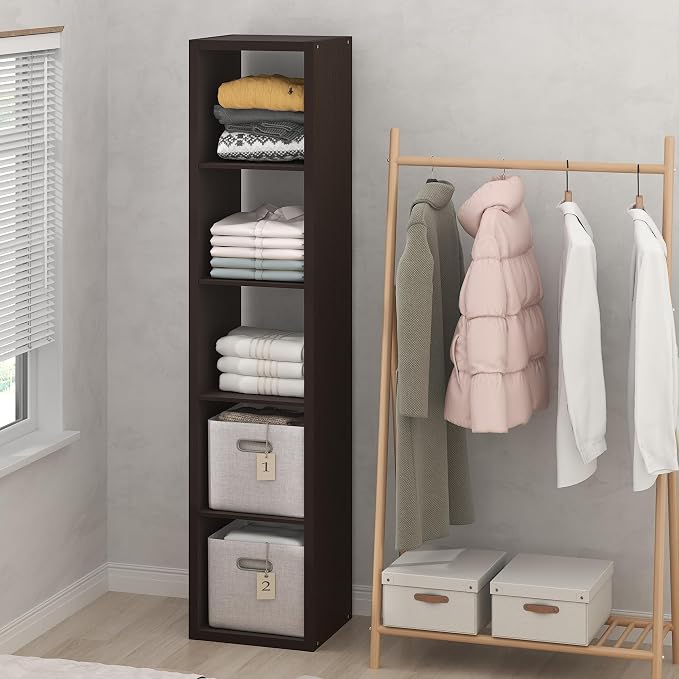 Furinno Cubic Extra Thick 5-Cube Closet Organizers and Storage, Dark Oak | 14.6 x 16 x 72 in, Open Shelf Closet Storage, Closet Organizer, for Wardrobe, Bedroom, Living Room