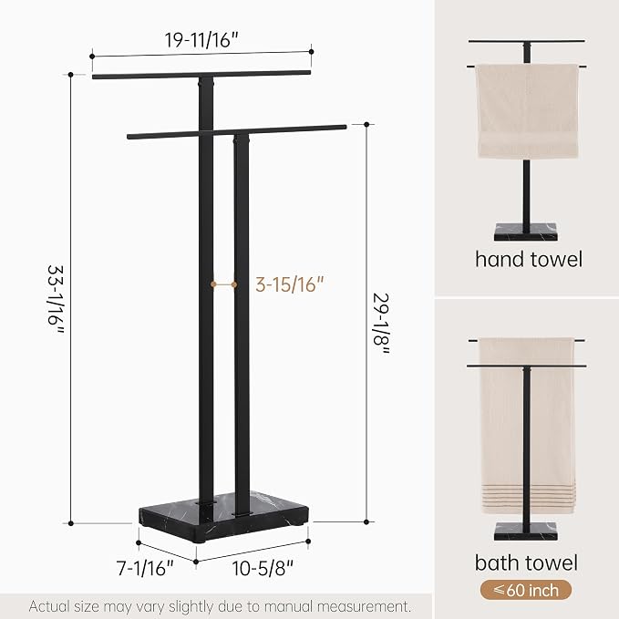 KES Standing Towel Rack with Black Natural Marble Base, 2-Tier Towel Rack Stand for Bathroom Floor, Bath Towel Holder Fits Bath Towel & Hand Towel,18/8 Stainless Steel, BTH217-BBK