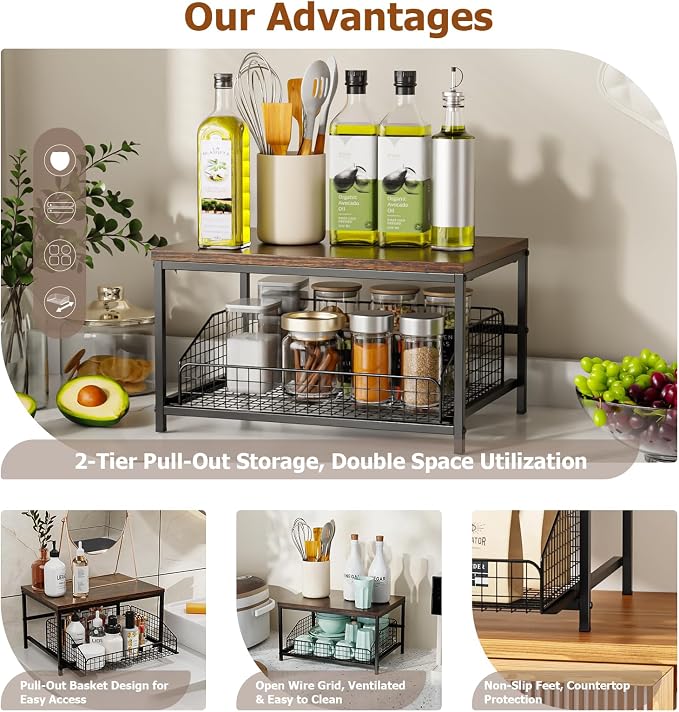 KLM Pull Out Spice Rack Organizer for Cabinet,Rustic Wood Top with Wire Basket Storage,Kitchen Countertop Organizer and Storage for Pantry, Counter top,Coffee Station Wood. (Brown)