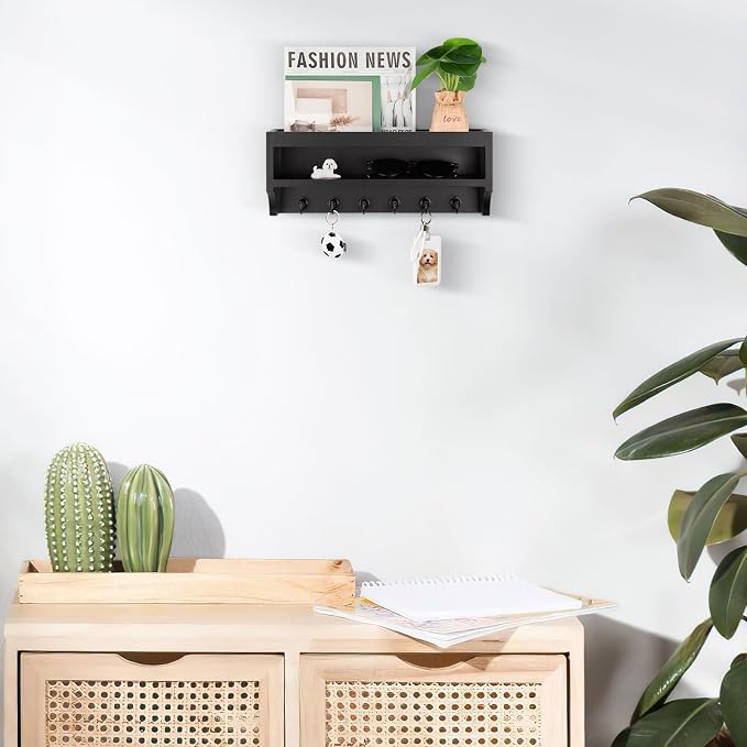 Nekon Key Holder Wall Mount, 12.8" W x 5.6" H x 3.7" D Wall Mounted Key and Mail Organizer with 6 Key Hooks, Key Racks for Home Entryway Decor (Black)