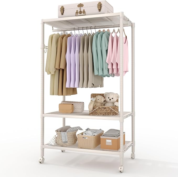 3 Tier Clothes Rack with Wheels and Adjustable Shelves & Hanging Rod Heavy Duty Garment Rack Wardrobe Closet for Hanging Clothes 45.28L*17.72W*70.24H Gray